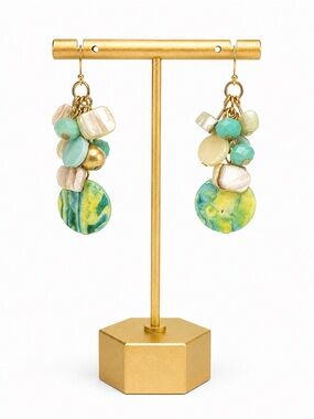 Boho Coastal Cluster Drop Earrings Aqua Green Gold Tone